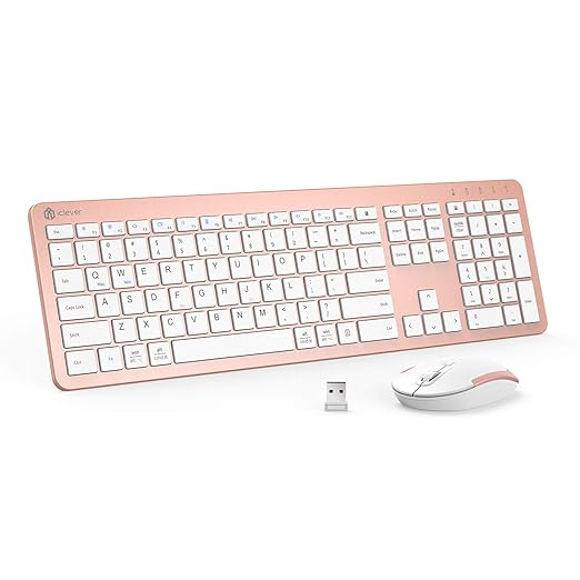 USB Wireless Keyboard and Mouse Set GK08 - Rechargeable Wireless Keyboard Full Size Design with Number Pad, 2.4G Stable Connection Slim GK08 Keyboard Mouse Combo, Rose Gold - Rajputtrade