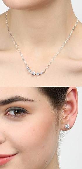 925 Sterling Silver 5 Stone Pendant Earring Chain Jewellery Set | Platinum Plated, Swiss Zirconia | Gift for Women & Girls - Rajputtrade