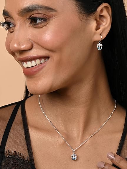 925 Sterling Silver Acorn Blue Solitaire Pendant Earrings Chain Necklace Jewellery Set | Platinum Plated, Swiss Zirconia | Unique Gift for Women and Girls