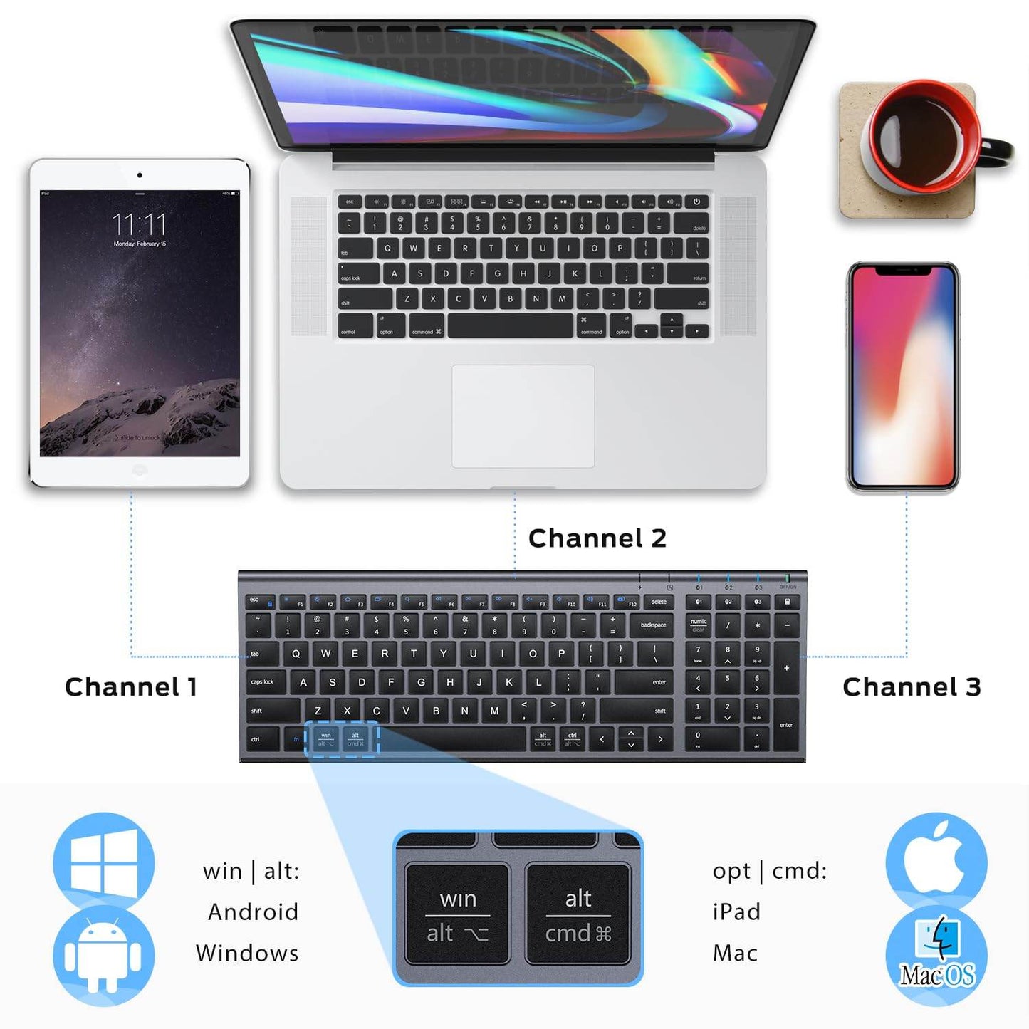 BK10 Multi-Device Bluetooth Keyboard for Mac, Windows, Chrome OS, Android, iPad, iPhone, Rechargeable Wireless Keyboard Easy-Switch up to 3 Devices Grey Black - Rajputtrade