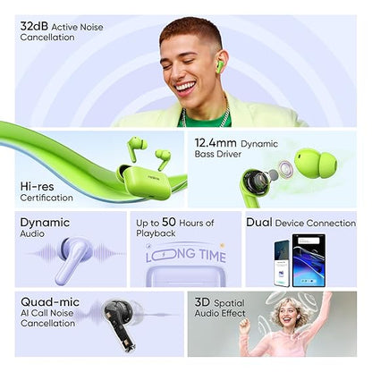 realme Buds T200 True Wireless Earbuds with Hi-Res Audio, 12.4mm Dynamic Bass Drivers, 32 dB ANC, Quad Mic, 45ms Latency, Upto 50 Hrs Playback (4 Color options)