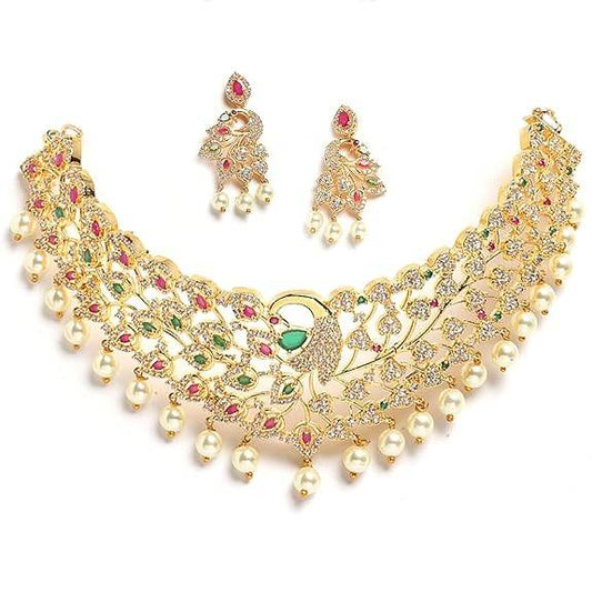 Gold Plated White & Red American Diamond Studded With Drop Pearl Beaded Jewellery Set For Women & Girl - Rajputtrade