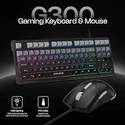 Archer Tech Lab Wired Gaming Keyboard and Mouse Combo| RGB Backlit, 87 Keys with 19 Anti-Ghosting, 7-Button Mouse, Adjustable 4 DPI (1200-3600) USB Plug & Play for PC Laptop Mac PS5 Xbox (Astra G300) - Rajputtrade