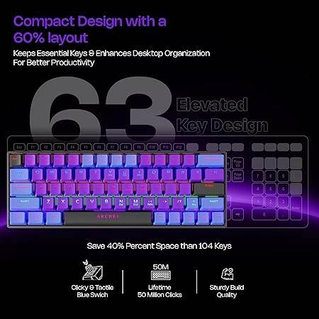 Archer Tech Lab Wired Mechanical Gaming Keyboard| 60% Compact, 63 Keys+ 26 Anti-Ghosting, Blue Switches Tactile Feedback, 17 RGB Effects, 50 Million Clicks for Laptop Mac PS4 PS5 Xbox (Astra M400) - Rajputtrade