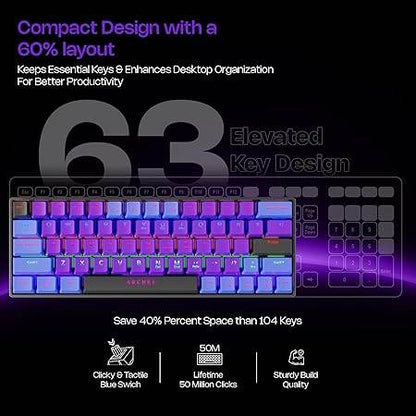 Archer Tech Lab Wired Mechanical Gaming Keyboard| 60% Compact, 63 Keys+ 26 Anti-Ghosting, Blue Switches Tactile Feedback, 17 RGB Effects, 50 Million Clicks for Laptop Mac PS4 PS5 Xbox (Astra M400) - Rajputtrade
