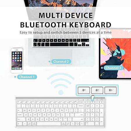 Bluetooth Keyboard BK10, Multi-Device Rechargeable Wireless Keyboard with Number Pad, Ergonomic Design, Ultra-Thin, Minimalist Design Keyboard for Windows iPad iPhone Tablet, Sliver - Rajputtrade