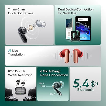 Realme Buds Air 7 Pro with Ai Live Translation,11mm+6mm Dual-dac Driver,48 Hrs Play Time,Fast Charge,53 dB ANC,LHDC,45Ms Low Latency,360° Spatial Audio,IP55 Dust & Water Resistant,BT 5.4(Fiery Red)