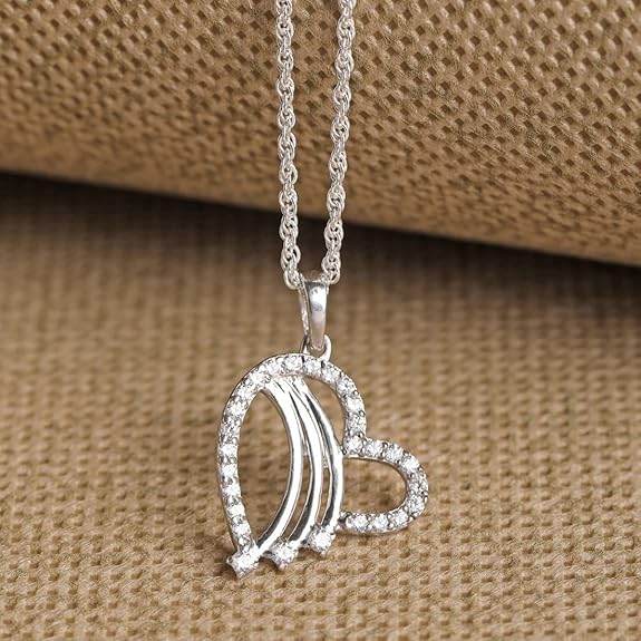 925 Sterling Silver Heart Shape Pendant Chain Necklace | Rhodium Plated, Swiss Zirconia | Gift for Women and Girls - Rajputtrade