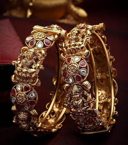 18k Gold Plated Temple Jewellery Bangles for Women | Set of 2 Bangles Set | Latest Stylish Traditional Kada Bangles | Just Like Real Gold Jewellery - Rajputtrade
