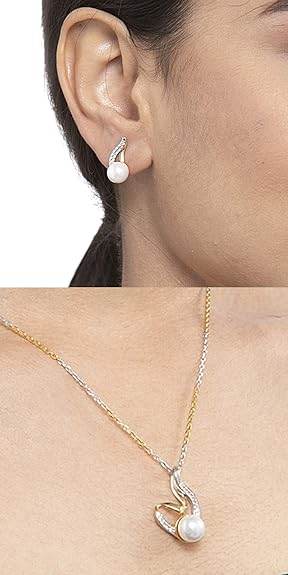 925 Sterling Silver Pearl Asuka Pendant Earring Chain Jewellery Set | Gold Rhodium Plated, Swiss Zirconia | Gift for Women & Girls - Rajputtrade