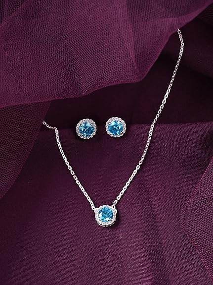 925 Sterling Silver Orsa Blue Solitaire Pendant Earrings Chain Necklace Jewellery Set | Platinum Plated, Swiss Zirconia |Gift for Women and Girls - Rajputtrade