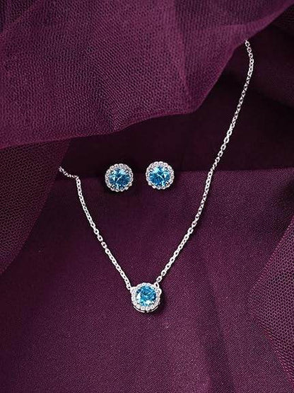 925 Sterling Silver Orsa Blue Solitaire Pendant Earrings Chain Necklace Jewellery Set | Platinum Plated, Swiss Zirconia |Gift for Women and Girls - Rajputtrade