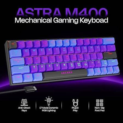 Archer Tech Lab Wired Mechanical Gaming Keyboard| 60% Compact, 63 Keys+ 26 Anti-Ghosting, Blue Switches Tactile Feedback, 17 RGB Effects, 50 Million Clicks for Laptop Mac PS4 PS5 Xbox (Astra M400) - Rajputtrade