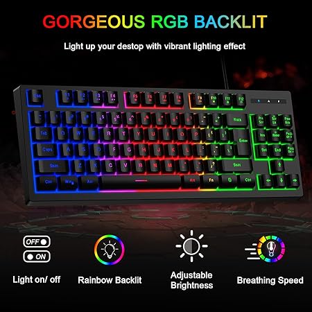 BlueFinger RGB 87 Keys Gaming USB Wired Rainbow Keyboard and Backlit Mouse Combo Set for Laptop PC Computer Game and Work