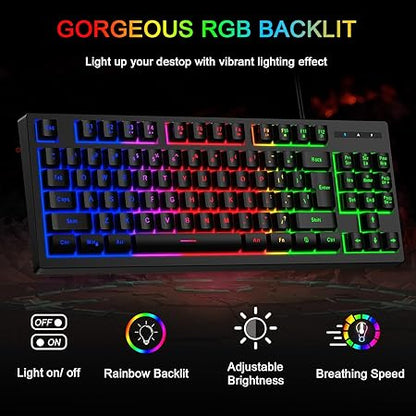 BlueFinger RGB 87 Keys Gaming USB Wired Rainbow Keyboard and Backlit Mouse Combo Set for Laptop PC Computer Game and Work