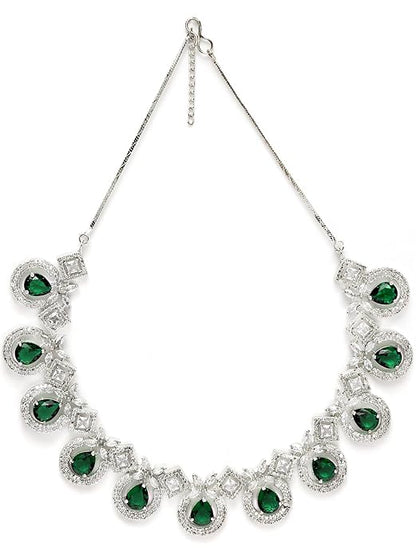 Silver Tone Blue American Diamond Studded Necklace Set for Women (Green) - Rajputtrade