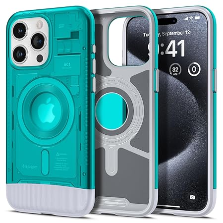Spigen Classic C1 MagFit Back Cover Case Compatible with iPhone 15 Pro (TPU + Poly Carbonate | Bondi Blue)