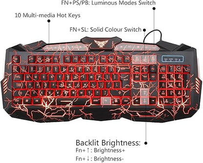 MFTEK Gaming Combo - LED Backlit USB Wired Keyboard and Mouse | 7 Button Lighted Mouse and Large Size Mouse Pad | Mechanical Feeling Keyboard | 114 Keys Letters Glow | Combo Set of 3 (Black) - Rajputtrade