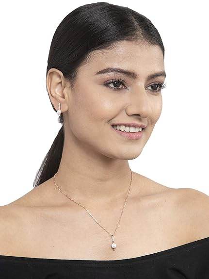 925 Sterling Silver Pearl Rose Pendant Earring Chain Jewellery Set | Rose Gold Rhodium Plated, Swiss Zirconia | Gift for Women & Girls - Rajputtrade