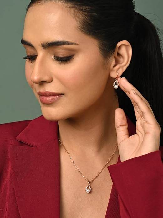925 Sterling Silver Kashm Freshwater Pearl Pendant Earrings Chain Necklace Jewellery Set | Rose Gold Plated, Swiss Zirconia |Gift for Women and Girls - Rajputtrade
