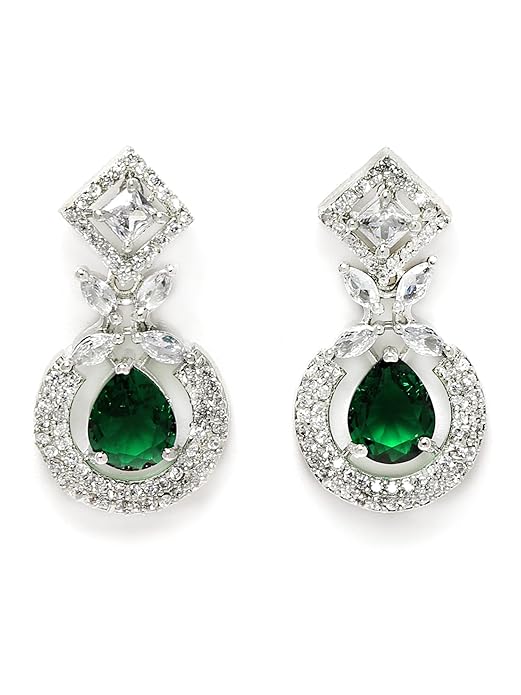 Silver Tone Blue American Diamond Studded Necklace Set for Women (Green) - Rajputtrade