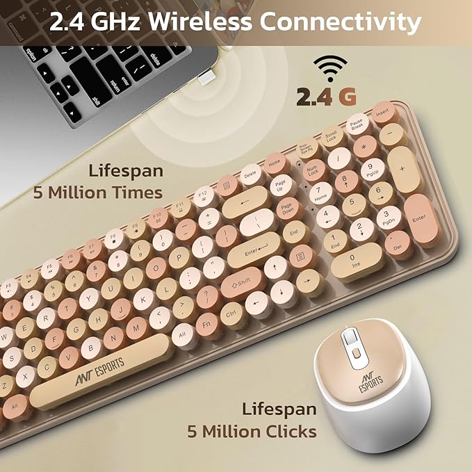 Ant Esports WKM44 Keyboard and Mouse Combo, Colourful Wireless Keyboard with Round Keycaps,2.4GHz Dropout-Free Connection, Long Battery Life, Cute Wireless Mouse for PC/Laptop/Computer- Candy Brown - Rajputtrade