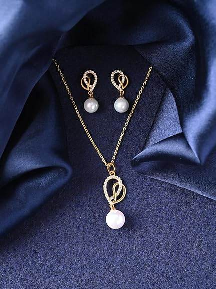 925 Sterling Silver Zahab Pearl Interlocked Pendant Earrings Chain Necklace Jewellery Set | Gold Plated, Swiss Zirconia |Gift for Women and Girls - Rajputtrade