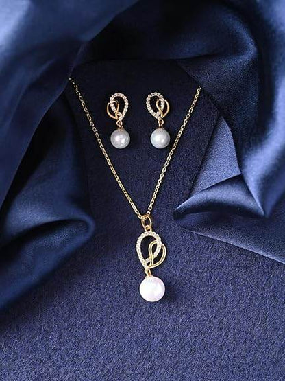 925 Sterling Silver Zahab Pearl Interlocked Pendant Earrings Chain Necklace Jewellery Set | Gold Plated, Swiss Zirconia |Gift for Women and Girls - Rajputtrade