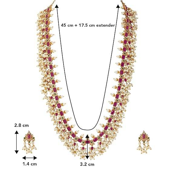 Gold Plated Designer Red Long Necklace Pearl Dangle Earring Jewellery Set for Women Girls - Rajputtrade