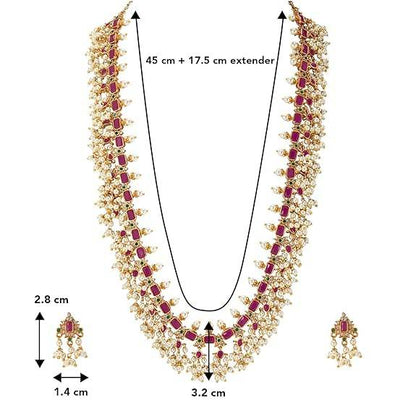 Gold Plated Designer Red Long Necklace Pearl Dangle Earring Jewellery Set for Women Girls - Rajputtrade