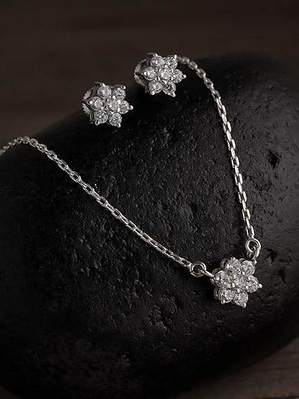 925 Sterling Silver Star Pendant Earring Chain Jewellery Set | Platinum Plated, Swiss Zirconia | Gift for Women & Girls - Rajputtrade