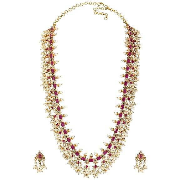 Gold Plated Designer Red Long Necklace Pearl Dangle Earring Jewellery Set for Women Girls - Rajputtrade