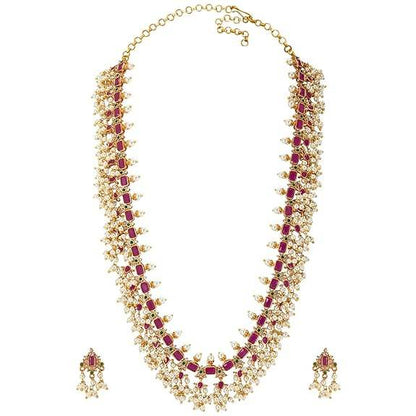 Gold Plated Designer Red Long Necklace Pearl Dangle Earring Jewellery Set for Women Girls - Rajputtrade
