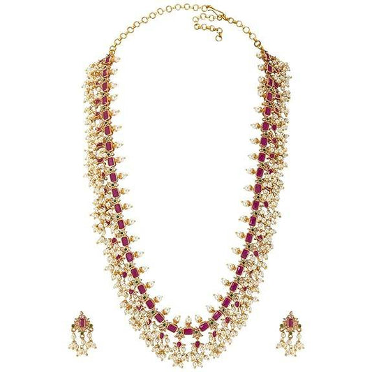 Gold Plated Designer Red Long Necklace Pearl Dangle Earring Jewellery Set for Women Girls - Rajputtrade