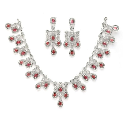Rhodium-Plated Silver Toned Square Shaped American Diamond Studded Necklace with Earring Jewellery - Rajputtrade