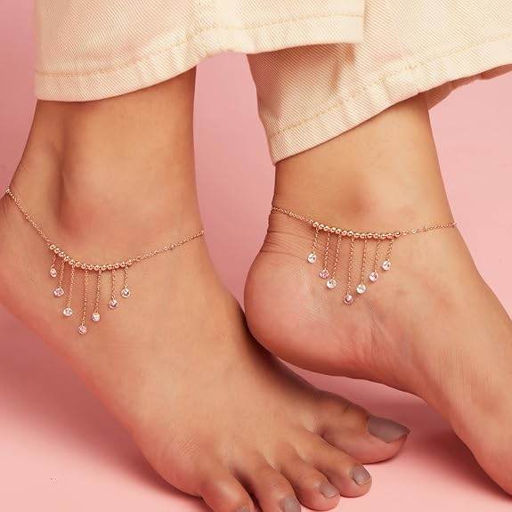 925 Sterling Silver Multicolour Cubic Zirconia CZ Chain Drops Rose Gold Plated Adjustable Beaded Chain Anklets (Pair) | Gift for Women and Girls | - Rajputtrade
