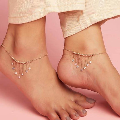 925 Sterling Silver Multicolour Cubic Zirconia CZ Chain Drops Rose Gold Plated Adjustable Beaded Chain Anklets (Pair) | Gift for Women and Girls | - Rajputtrade