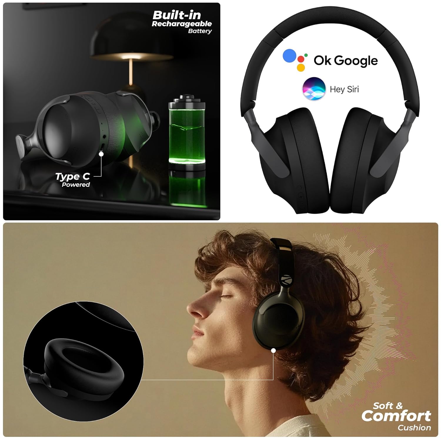 ZEBRONICS SILENCIO 111, Wireless Headphone, Hybrid ANC (50dB), 55*Hrs Backup, Bluetooth v5.4 (Black) - Rajputtrade