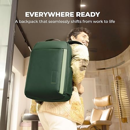 MOKOBARA The Autopilot Backpack Fits 15.6 Inch Laptop, 35L Capacity Premium Durable Nylon and Vegan Leather Green Unisex Multipurpose Laptop Backpack | Ideal for Office, Travel, School (Green Energy) - Rajputtrade