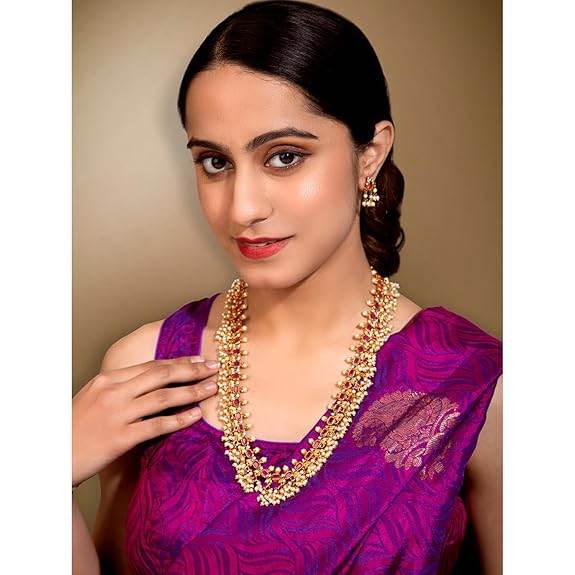 Gold Plated Designer Red Long Necklace Pearl Dangle Earring Jewellery Set for Women Girls - Rajputtrade