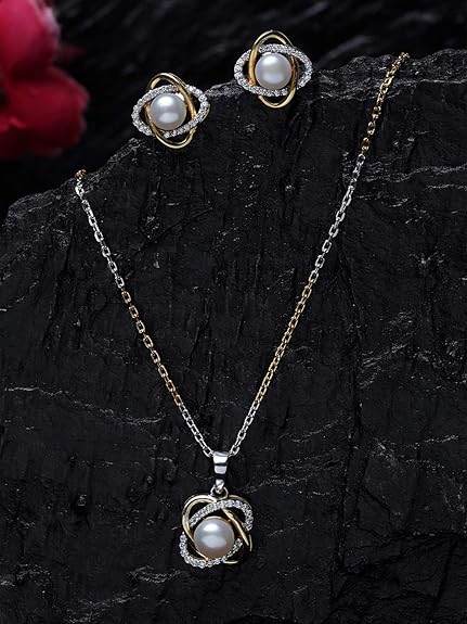 925 Sterling Silver Real Pearl Knot Pendant Earring Chain Jewellery Set | Gold Rhodium Plated | Gift for Women & Girls - Rajputtrade