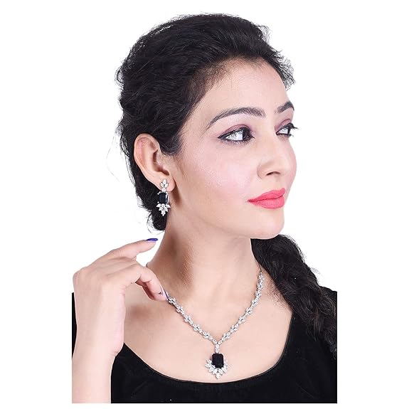 Jewellery Red Ruby Necklace Set Pendant with Earring for Women/Girls (Blue - Gold) - Rajputtrade