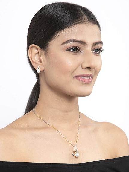 925 Sterling Silver Pearl Asuka Pendant Earring Chain Jewellery Set | Gold Rhodium Plated, Swiss Zirconia | Gift for Women & Girls - Rajputtrade