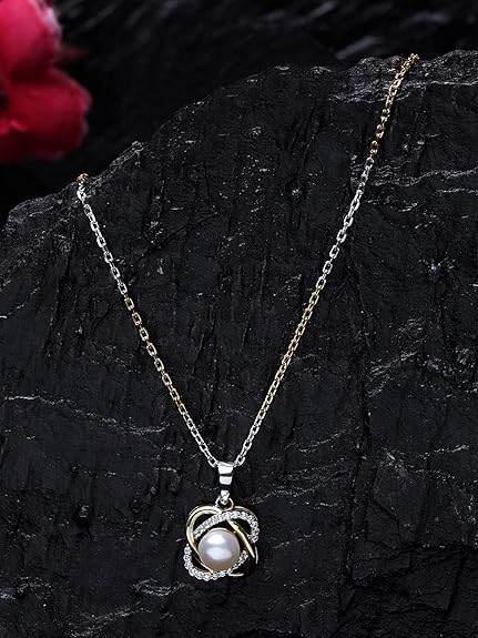 925 Sterling Silver Real Pearl Knot Pendant Earring Chain Jewellery Set | Gold Rhodium Plated | Gift for Women & Girls - Rajputtrade