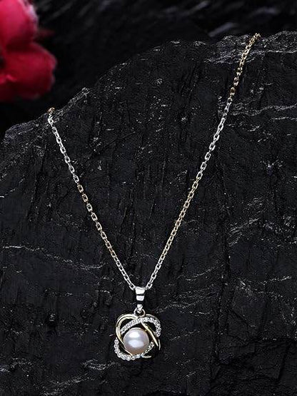 925 Sterling Silver Real Pearl Knot Pendant Earring Chain Jewellery Set | Gold Rhodium Plated | Gift for Women & Girls - Rajputtrade