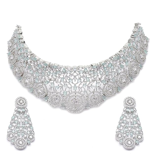 Rhodium-Plated Silver American Diamond Choker Necklace with Earrings Jewellery Set with Girls and Women - Rajputtrade