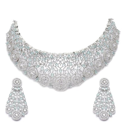 Rhodium-Plated Silver American Diamond Choker Necklace with Earrings Jewellery Set with Girls and Women - Rajputtrade