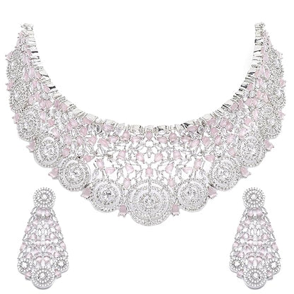 Rhodium-Plated Silver American Diamond Choker Necklace with Earrings Jewellery Set with Girls and Women - Rajputtrade