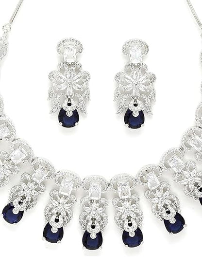 American Diamond Studed Choker Necklace Set (Blue) - Rajputtrade