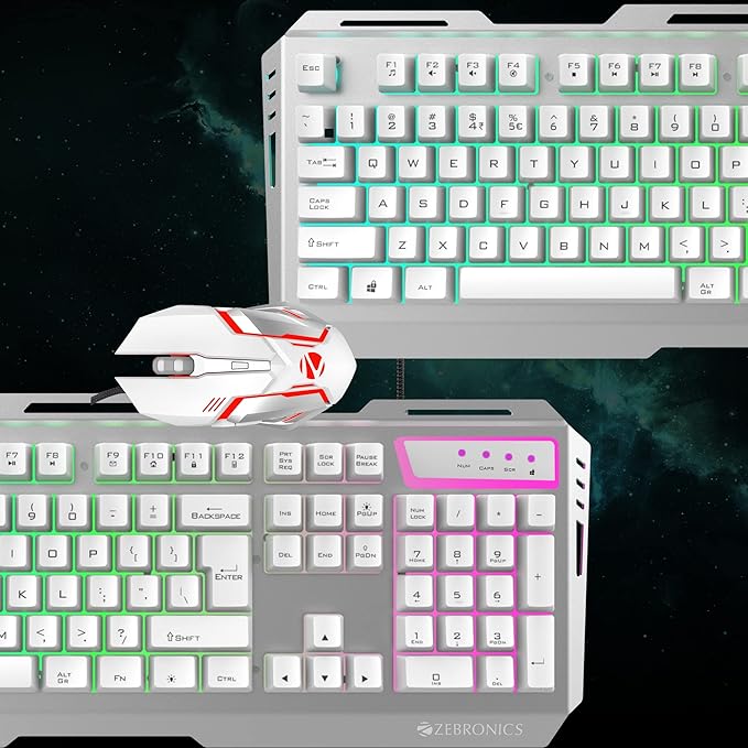Zebronics Transformer Gaming Keyboard and Mouse Combo,Braided Cable,Durable Al body,Multimedia keys and Gaming Mouse with 6 Buttons, Multi-Color LED Lights, High-Resolution Sensor with 3200 DPI(white) - Rajputtrade